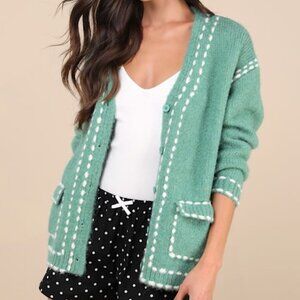 Lulus Cuddly Effect Green Contrast Stitched Cardigan Sweater - Size S
